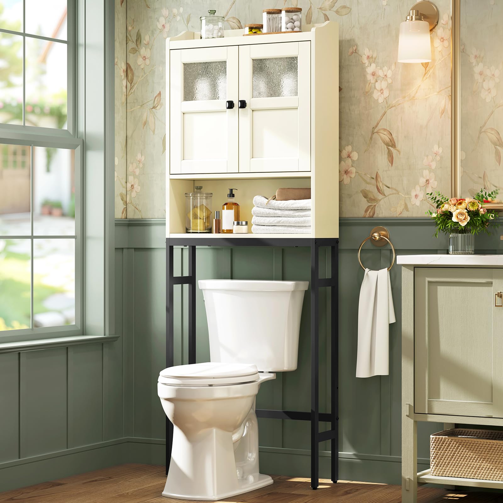Photo 1 of MXARLTR Over The Toilet Storage Cabinet, Above Toilet Bathroom Storage Cabinet with Double Doors and Soft Hinges Over Toilet Storage Shelf Over Toilet Bathroom Organizer (Cream White)