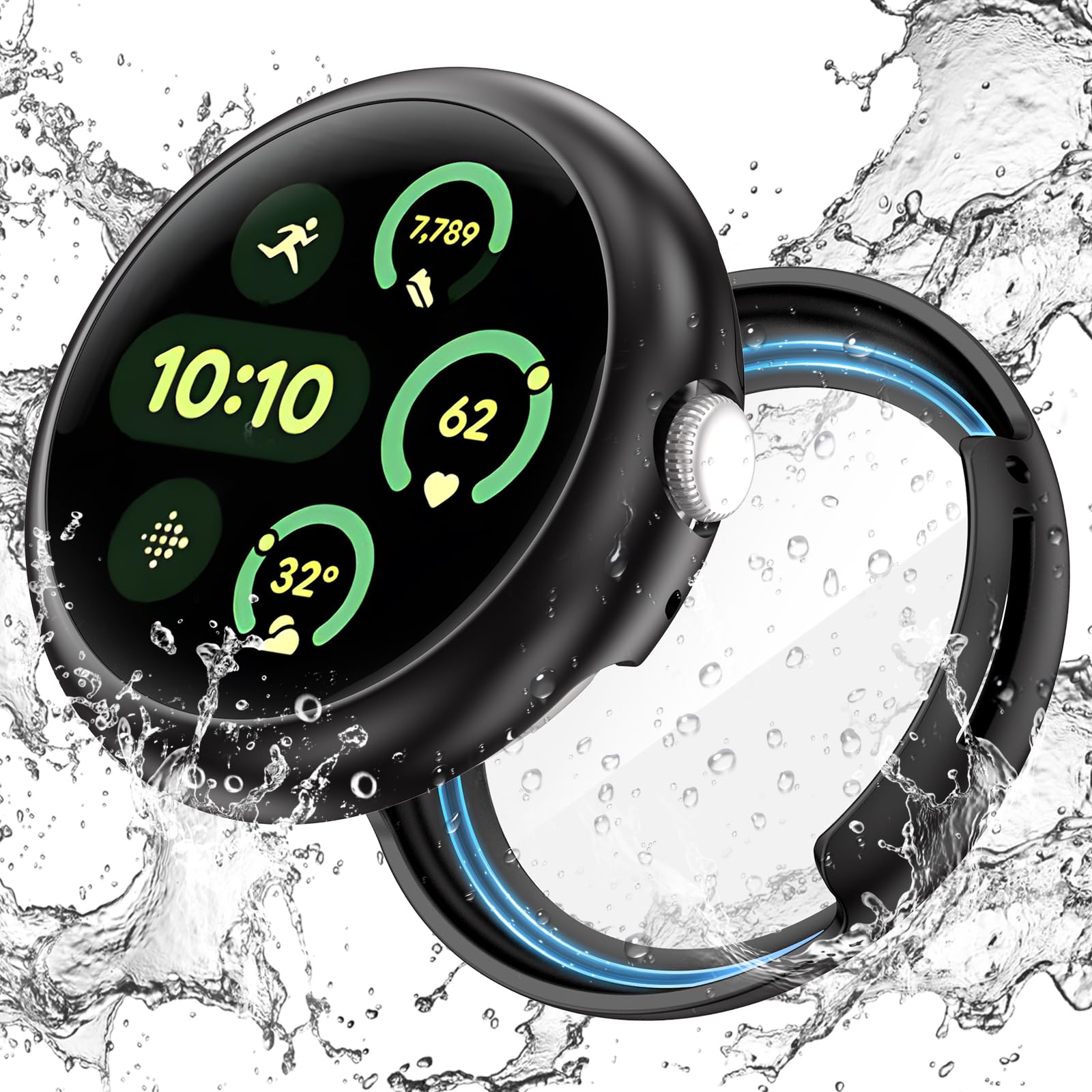 Photo 1 of Goton Waterproof Case for Google Pixel Watch 3 2 1 45mm 41mm Screen Protector, Hard PC Slim Face Cover Bumper High Sensitive HD Screen Protector for Google Pixel Watch, 45mm Black