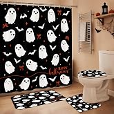 Apear1 4 Pcs Halloween Shower Curtain Set Ghost Bow Shower Curtain for Halloween Bathroom Decor with Anti-Slip Waterproof Bathtub Bathroom Rugs Toilet Lid Cover (Black)
