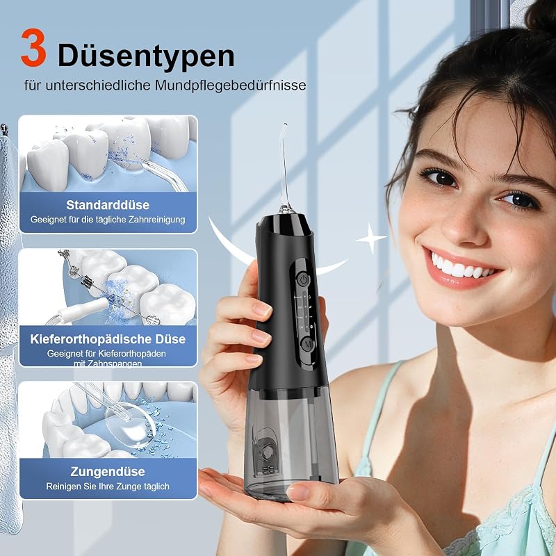 Munddusche, 320 ml, 5 Düsen, 4 Modi, USB-C, IPX7, Schwarz