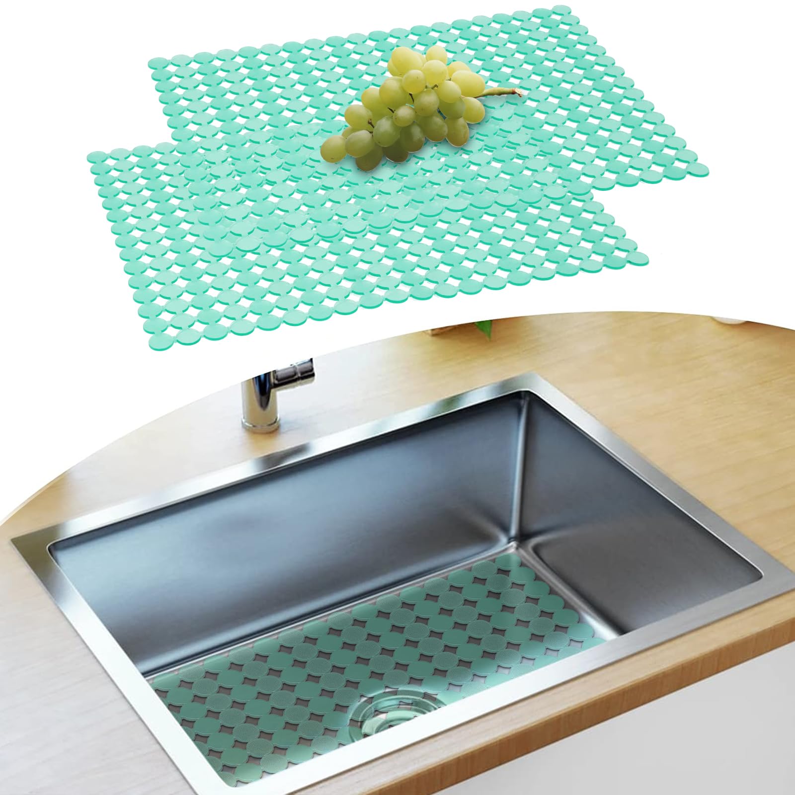 Sink Mats for Ceramic Sinks, 2 Pack Sink Protector Mat 40x30cm Kitchen Sink Mat, Drainer Mat Prevents Scratches on Stainless Steel Sinks, Fast Draining, Light Green Without Scissors