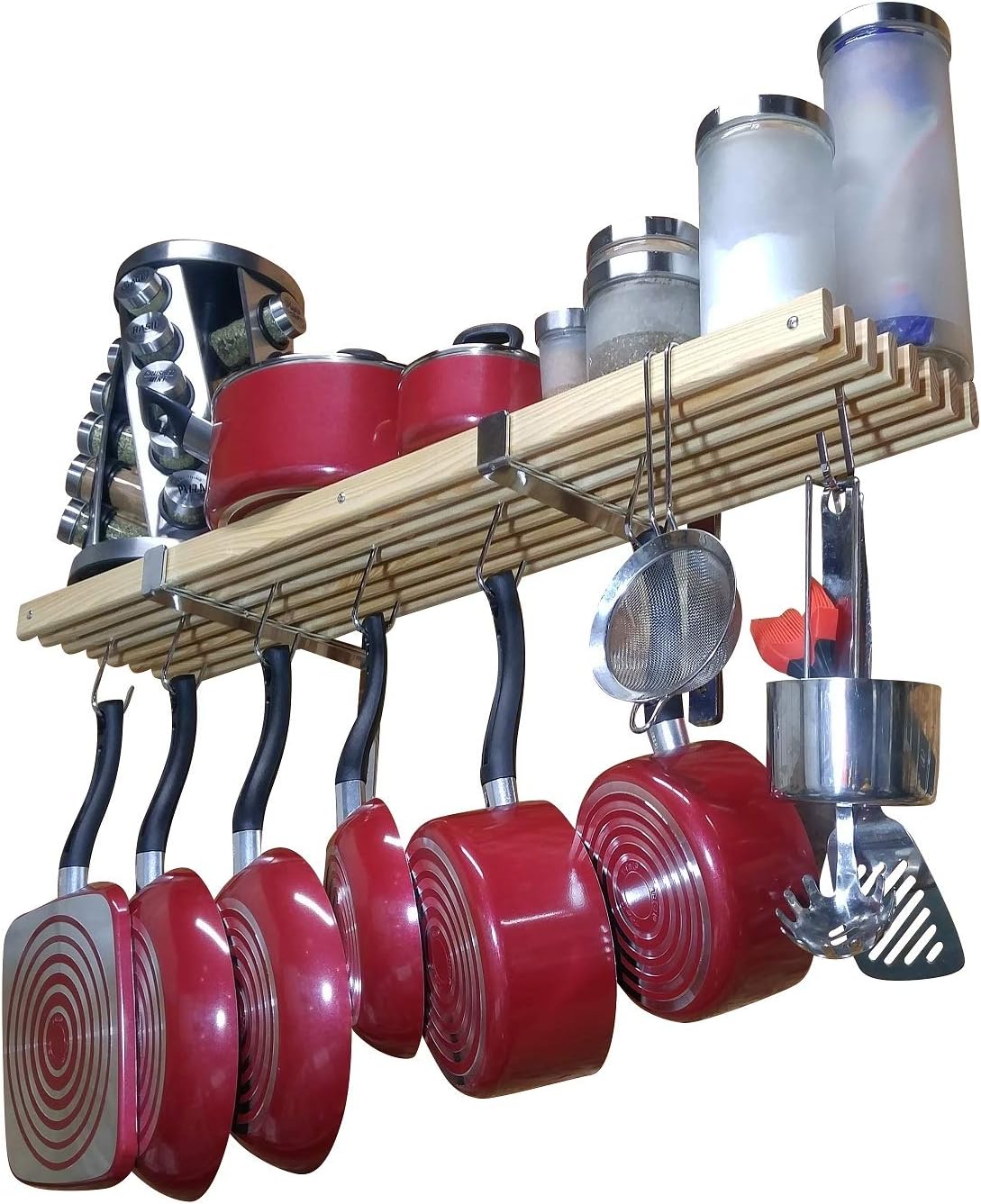 36" wooden wall mounted pot rack with 10 hooks. Wall rack