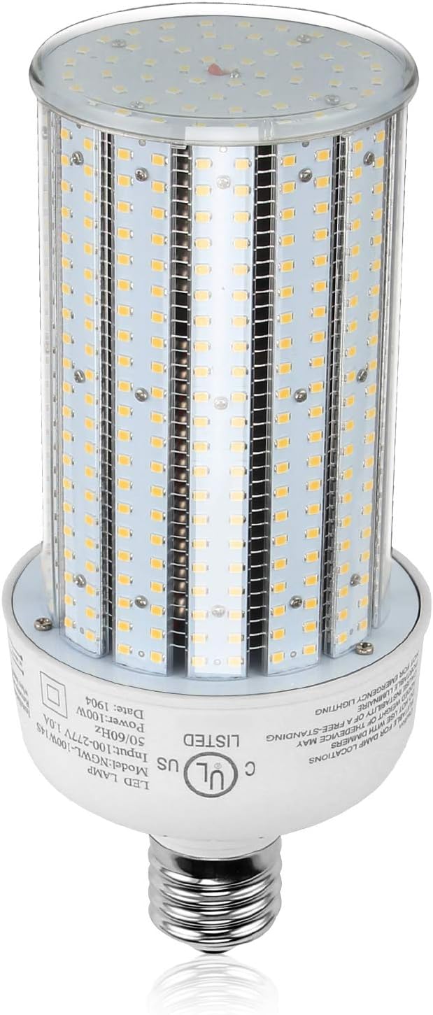 100W LED Corn Bulb 400W Metal Halide Replacement 5000K Pure White E39 Mogul Base Warehouse High Bay Parking Lot Retrofit Light AC100-277V UL DLC Listed