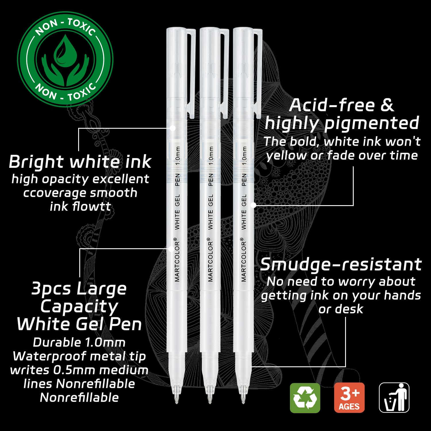 White Gel Pens, 1mm Fine Point Gel Ink Pen Opaque Archival Ink Pens for Black Paper Drawing, Sketching, Illustration, Card Making, Bullet Journaling, 3 Pack