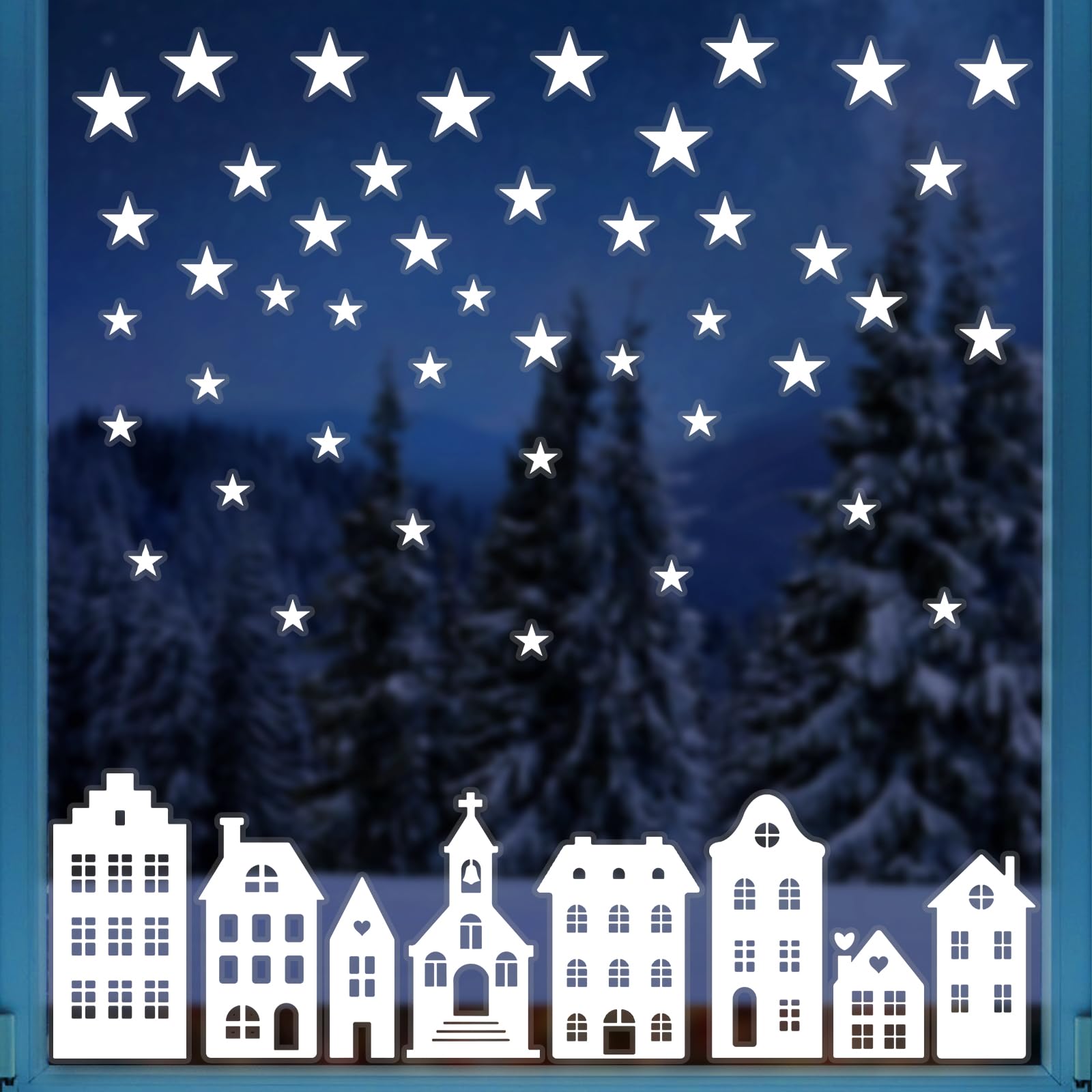 6 Sheets Large Size Christmas Star Stickers Reusable Xmas Building Window Clings PVC Static Self Sticker for Xmas Winter Decorations Party Ornaments