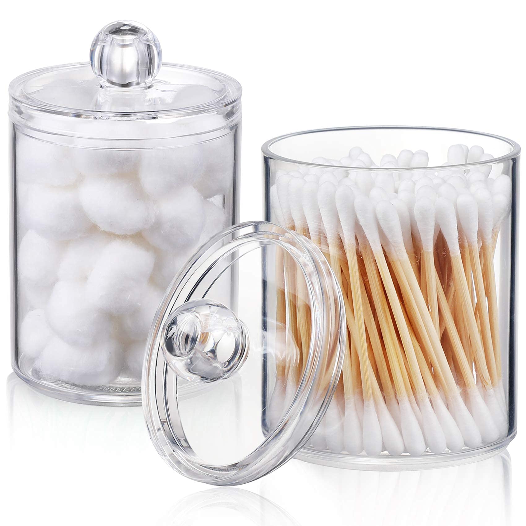 2 Pack Qtip Dispenser - Clear Plastic Jar Set for Cotton Swab, Round Pads, Floss; Bathroom Storage for Vanity Makeup Organizer