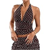 Milumia Women Polka Dots Halter Crop Top Y2k V Neck Open Back Ruched Going Out Tank Tops Clubbing Outfits