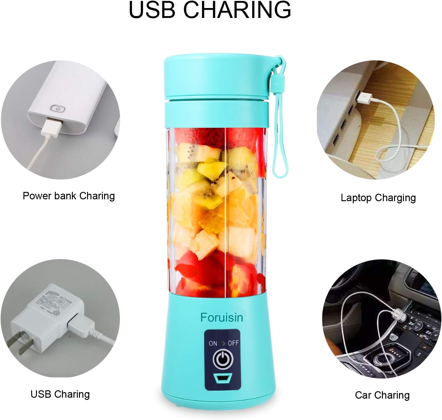 Portable Personal Blender, Household Juicer Fruit Shake Mixer -Six Blades, 380ml Baby Cooking Machine with USB Charger Cable (Cyan): Kitchen & Dining