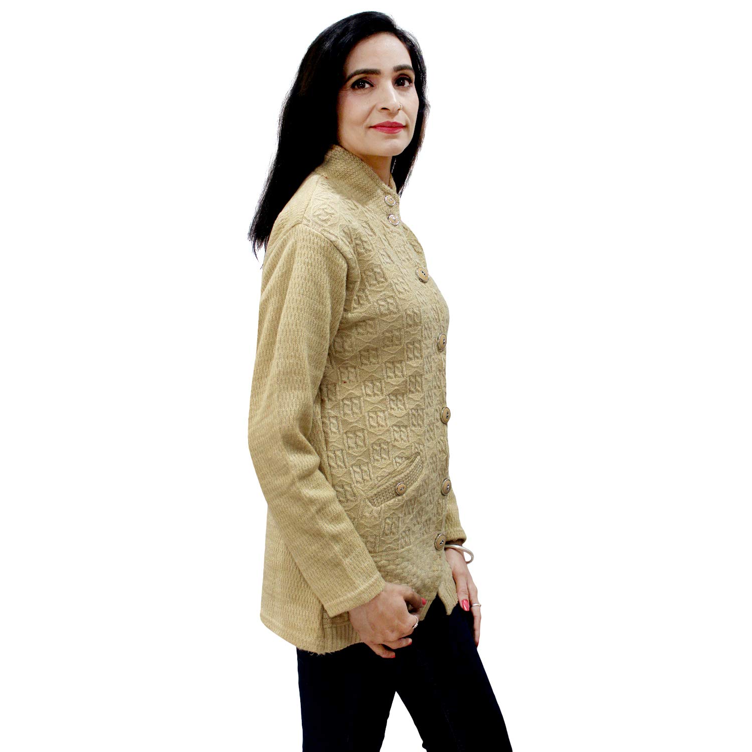 matelco women's woollen hi-neck buttoned cardigan with pockets