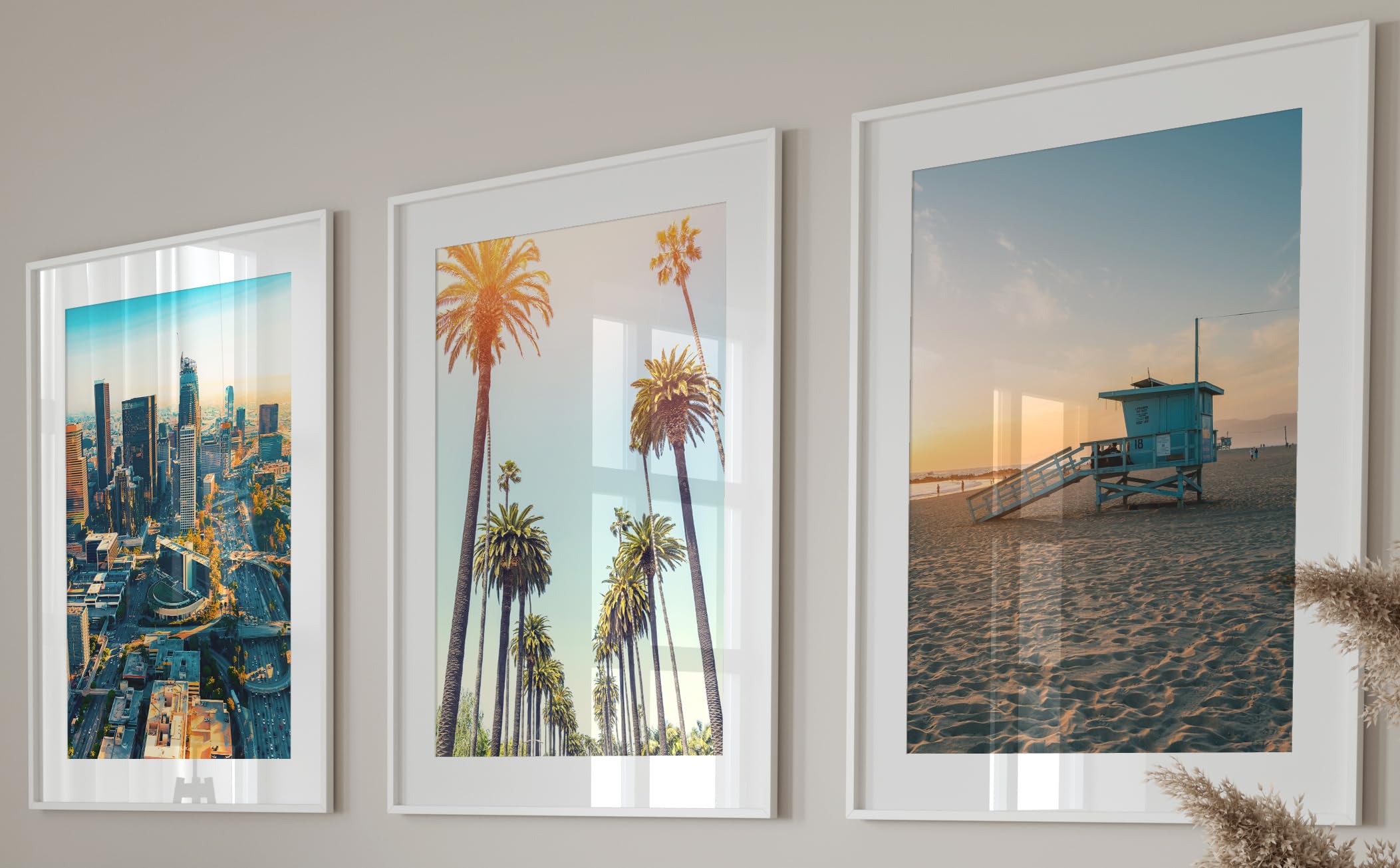 Eviepops Prints Los Angeles Landscape Set of 3 Unframed Poster Prints, Photographic City Wall Art, Home Décor, Downtown LA, California Palms, Lifeguard Tower, Venice Beach Sunset (A3)