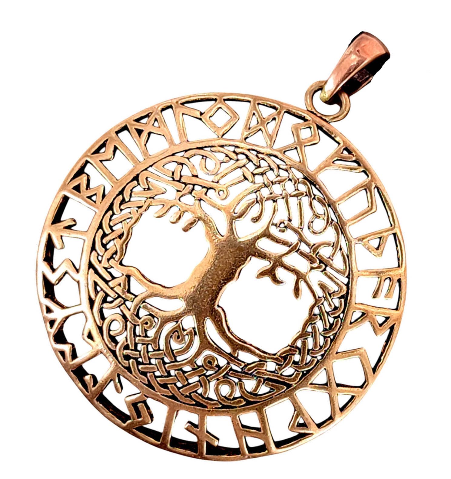 Kiss of Leather Large Tree of Life Pendant with Runes Made of Bronze No. 144