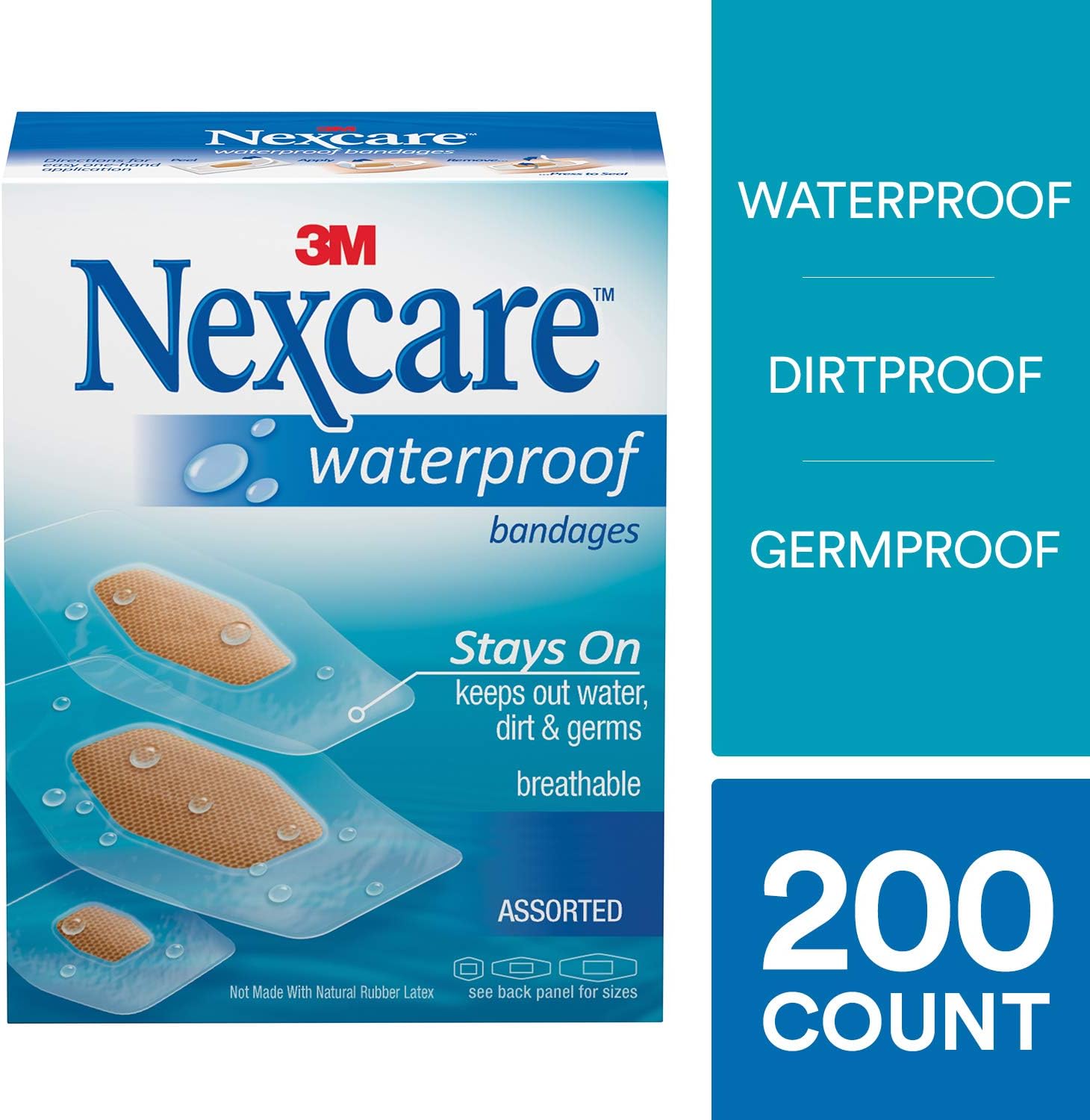Nexcare Waterproof Bandages, Value Pack, Virtually Invisible, 200 Bandages, Assorted Sizes