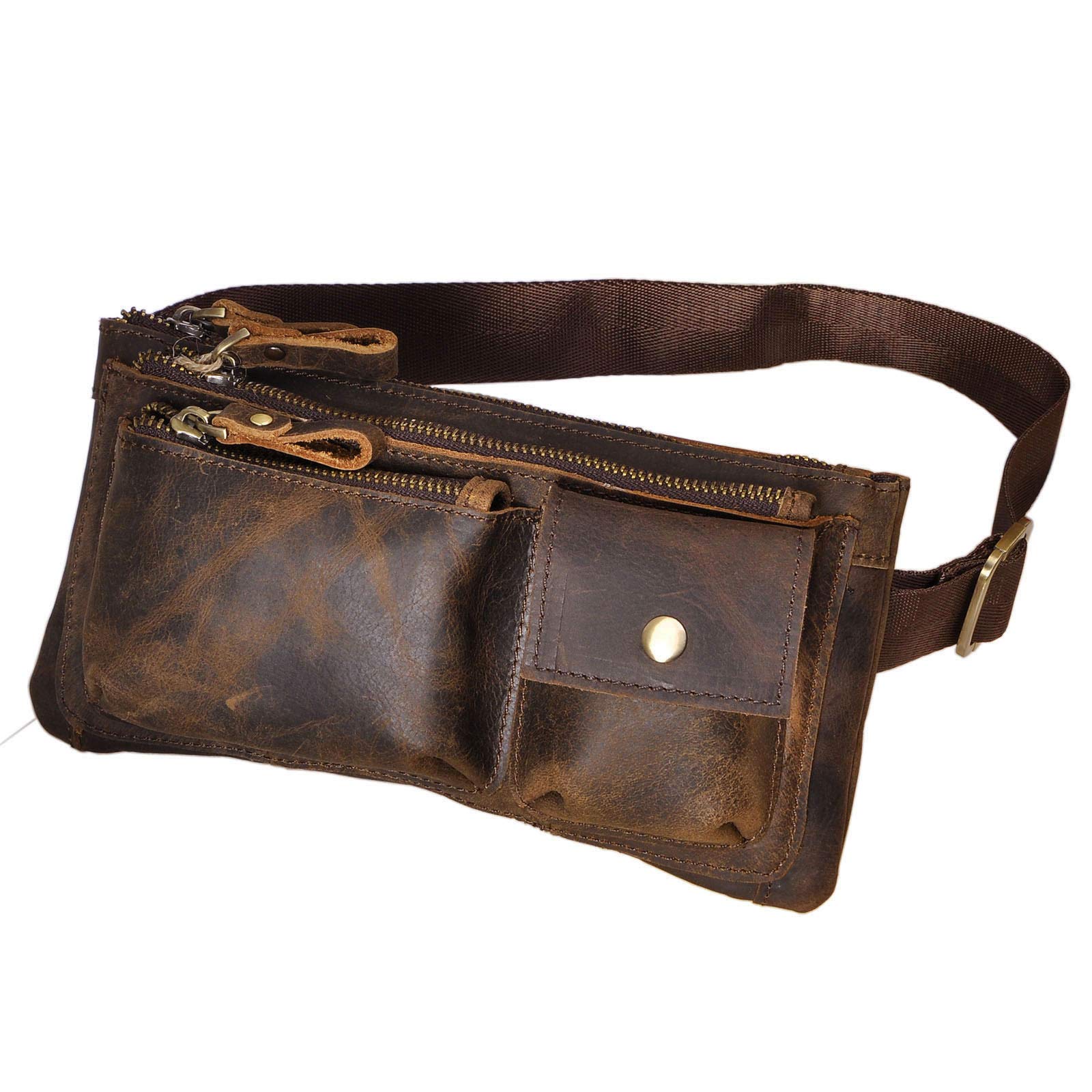 Le'aokuu Mens Genuine Leather Travel Sling Bag Hip Bum Belt Waist Pack Bag Phone Pouch 811-29 (0 811-29 Dark Brown)