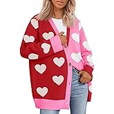 Saodimallsu Womens Heart Cardigan Sweaters Valentines Oversized Winter Color Block Button Up Cute Ribbed Sweater Coats