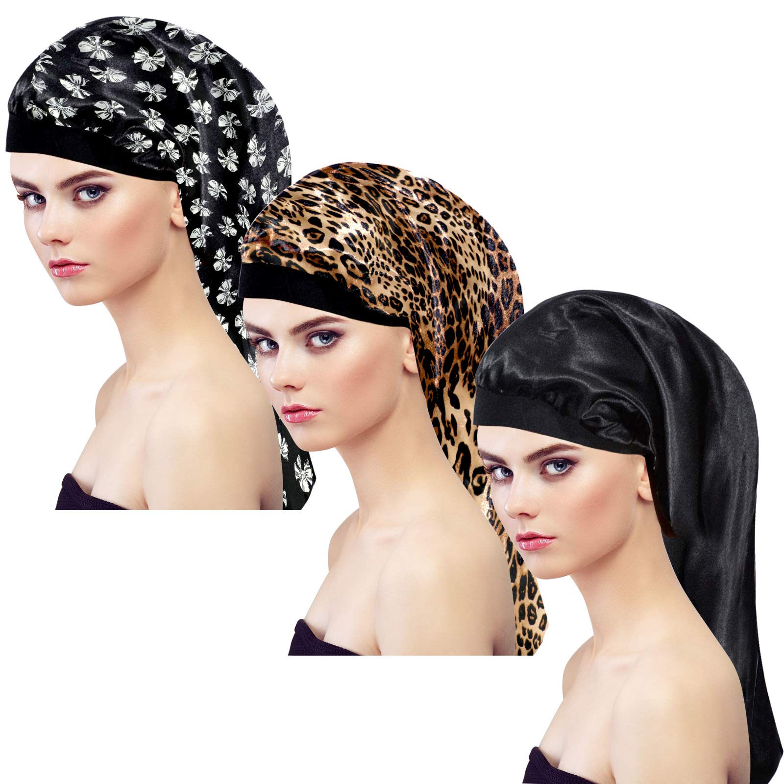 KissDate 3 PCS Extra long Satin Bonnet, Adjustable Silk Night Sleep Cap, Sleeping Head Cover with Wide Elastic Band, Hair Loss Cap for Women Girl Sleeping Spa Long Curly Hair Protection