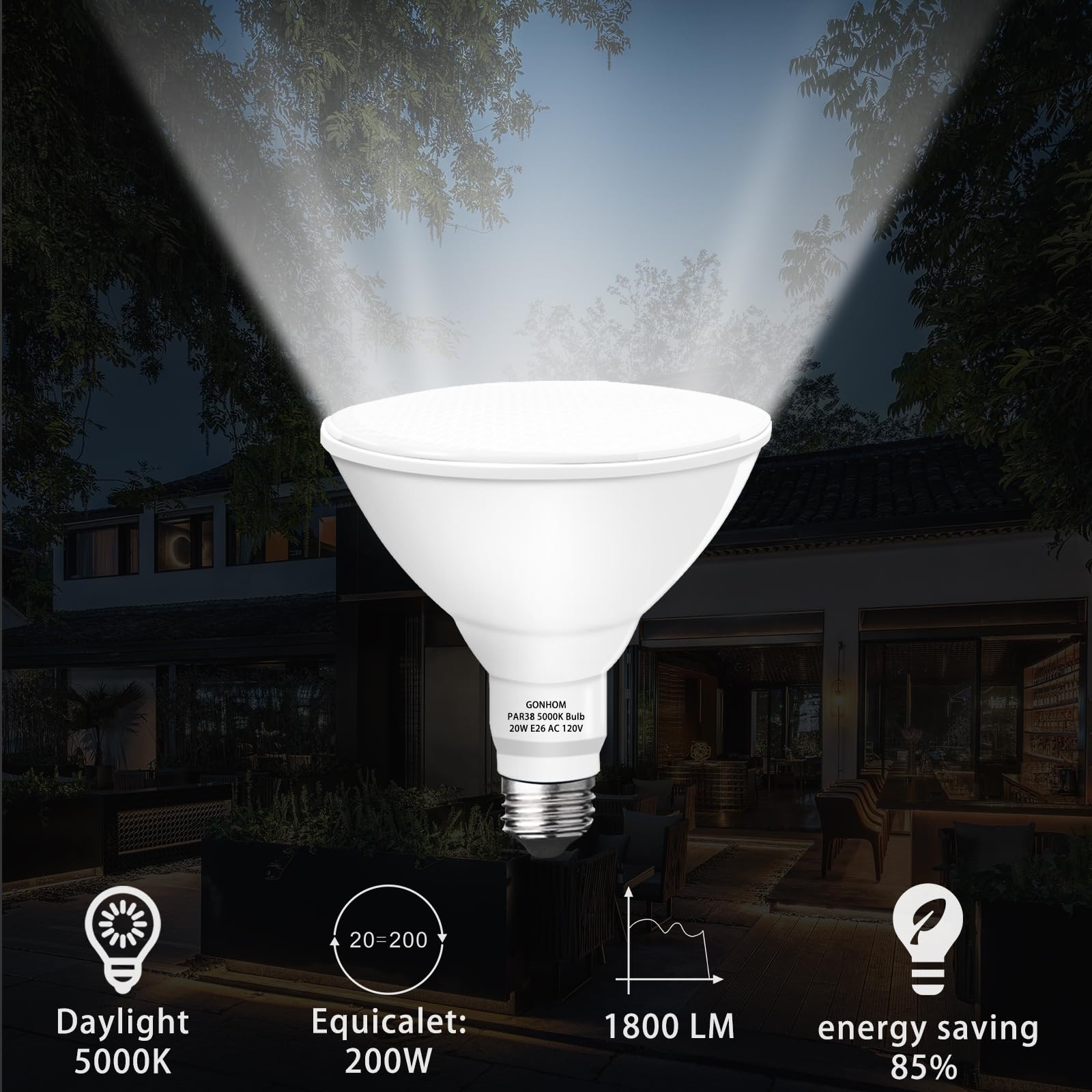 Par38 led Flood Lights Outdoor Light Bulb 2 Pack,Dimmable 5000K Daylight 1800LM,20W Replace up to 200W,Outdoor Flood Light Bulbs for Backyard,Garage,Porch,Garden