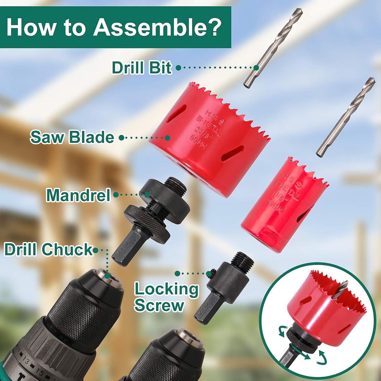 Bi-Metal Hole Saw Kit, HYCHIKA 17 Pcs High Speed Steel 3/4 inches- 2-1/2 inches Set in Case with Mandrels, Durable High Speed Steel, Perfect for Drilling PVC Board, Metal, and Plastic Plate