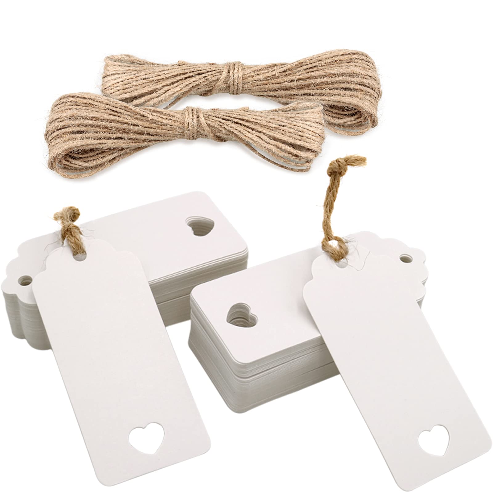 jijAcraft 200pcs Gift Tags, White Gift Tags 4.5X9.5CM Lovely Hollow Heart Wedding Favour Hang Tags with 60M Jute Twine for Crafts