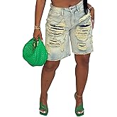 LETSVDO Womens Baggy Ripped Denim Shorts High Waist Straight Wide Leg Distressed Y2k Casual Bermuda Cargo Jean Shorts