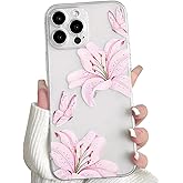 NITITOP Compatible with iPhone 13 Pro Max Case Clear Cute Butterfly Lily Flower Floral Pattern for Women Girls Full Camera Lens Clear Slim Shockproof Protective Phone Cover - Pink