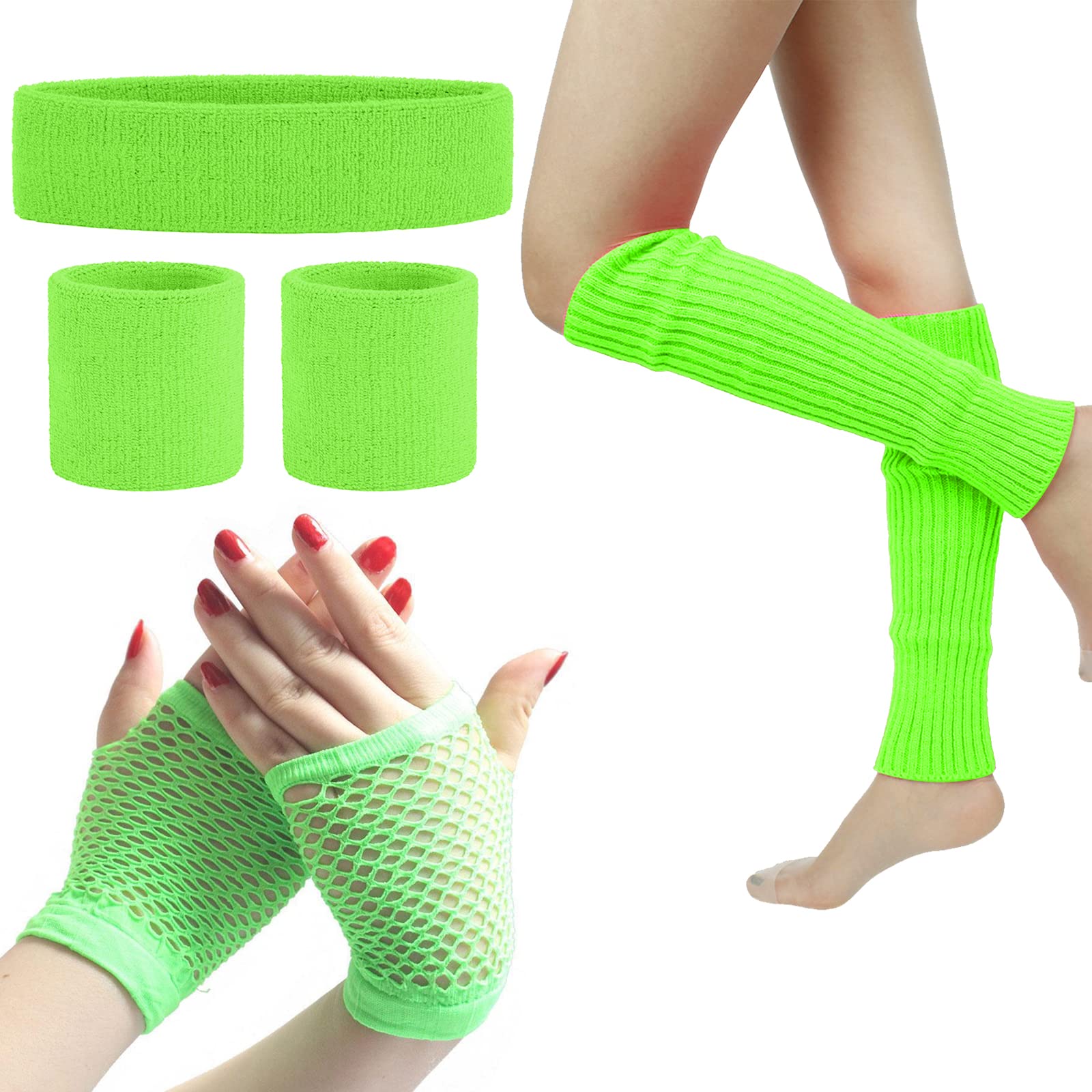 SPOKKI Leg Warmers Fishnet Gloves Headband Wristbands Neon Set, 80s Women Fancy Dress Costume Accessories, 1980s Retro Theme Party Costumes (Green) — image 1