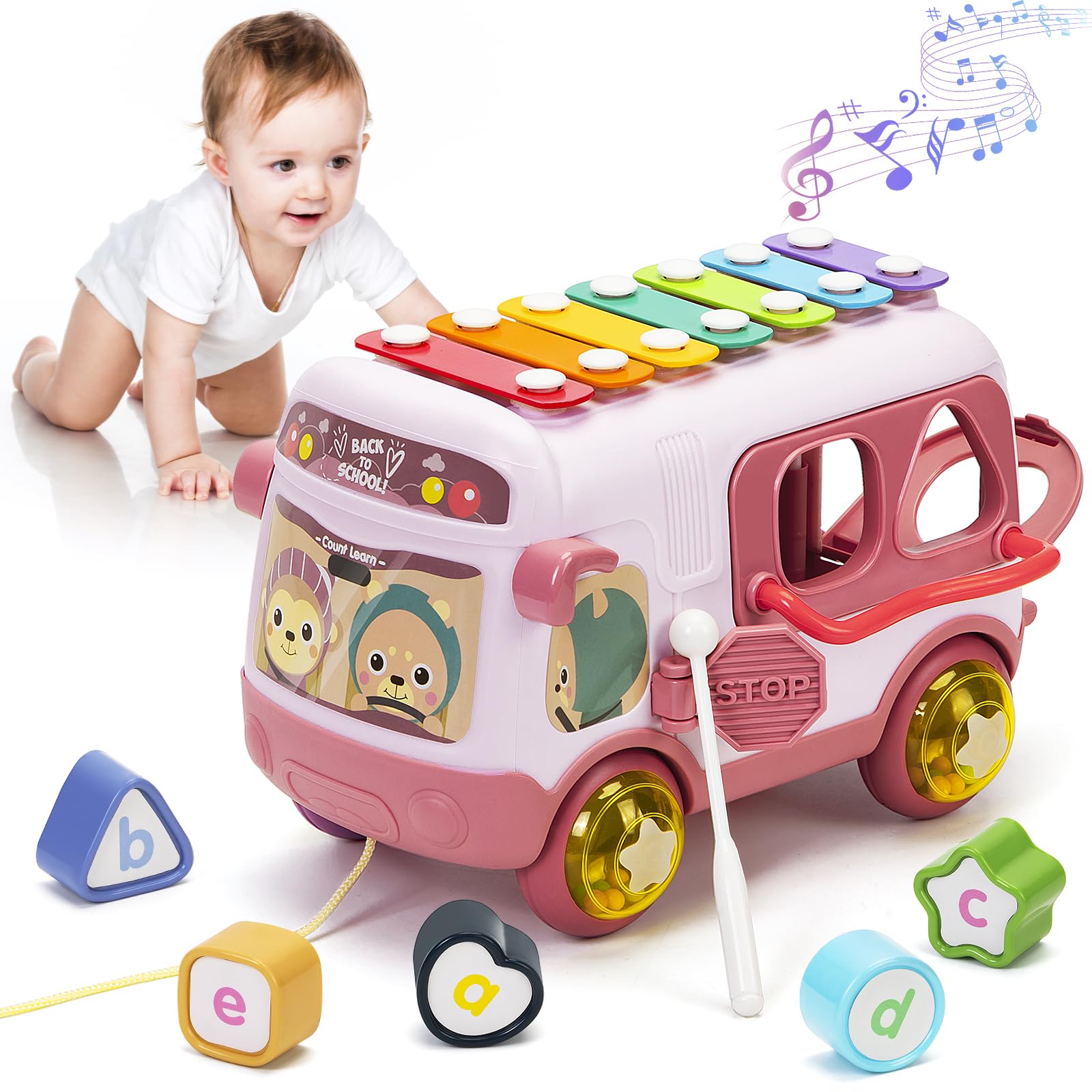 Toys Gifts for 1 Year Old Girls, Baby Girl Toy 12 18 Months Musical Sensory Bus with Xylophone, Shape Sorter Pull Along Toy for 12-18M Birthday Chirstmas Present
