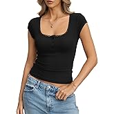EasyGala Womens Cotton Ribbed Cap Sleeve Tops Lace Henley Button Down Shirts Cute Crop Tshirts Fitted Going Out Clothes