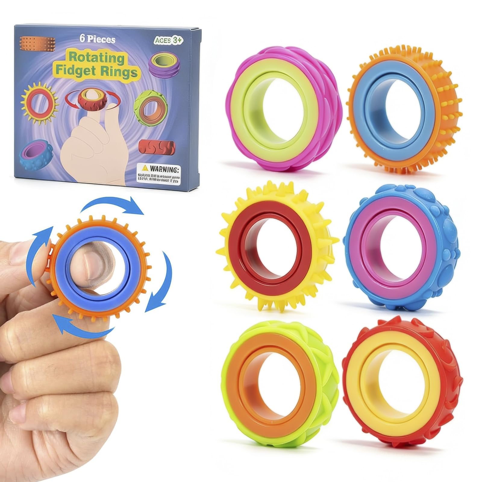 Multicolor Fidget Sensory Rings, 6 Pcs Textured Finger Spinner Rings, Anxiety & Stress Relief Finger Toys Suitable for Kids and Adults with ADHD Autism Calming Focus