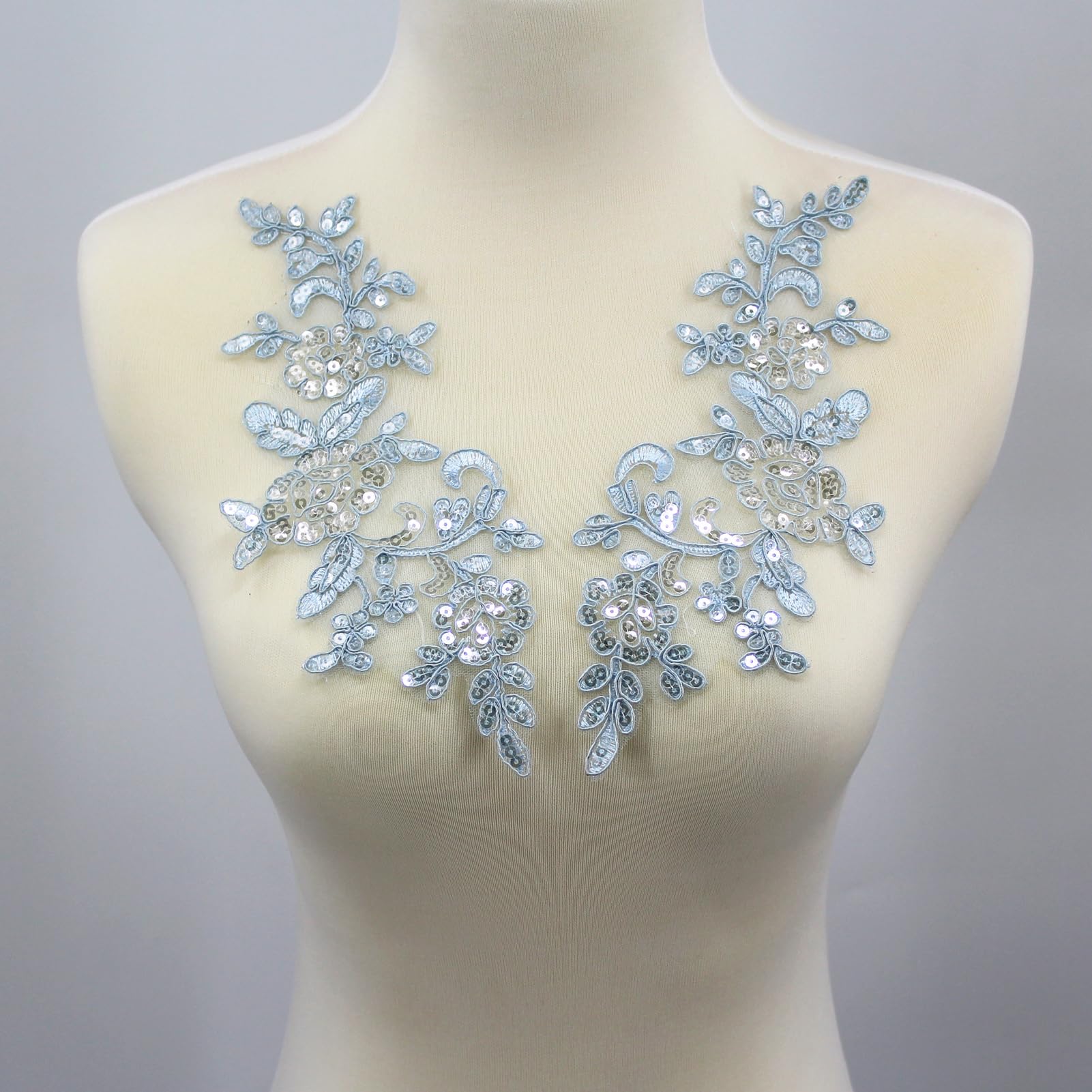 SUNMOVE Pair of Embroidery Sequin Lace Applique Sewing Flower Fabric Collar Patch Motif Wedding Gown Dress Bridal DIY Crafts （Sky Blue）