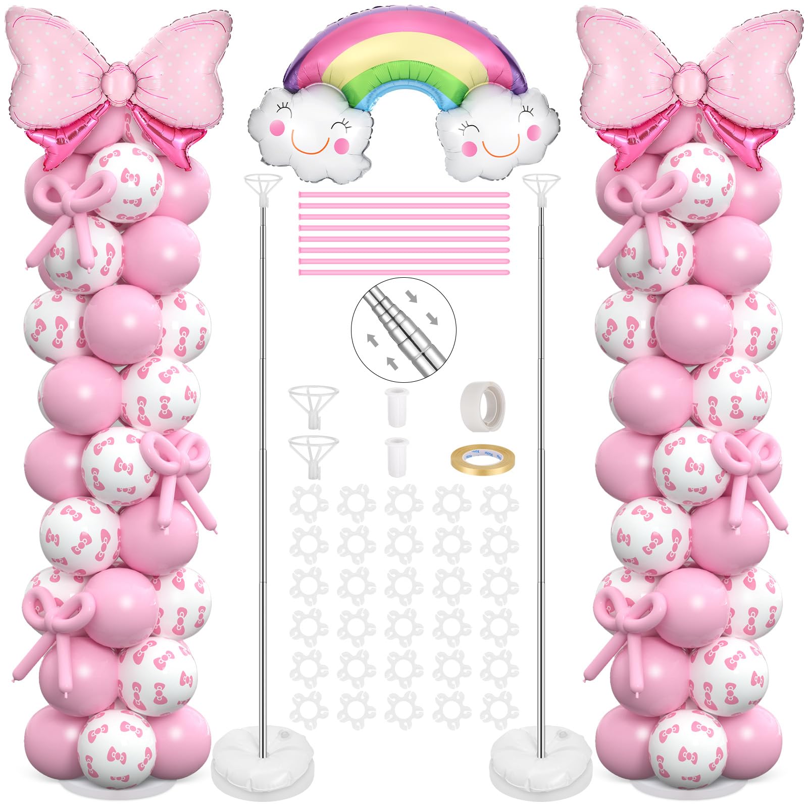 Photo 1 of 2 Sets Pink Bow Themed Balloon Column Stand Kit Adjustable Balloon Tower Pillar with Cartoon Rainbow Pink White Latex Balloons for Carnival Circus Birthday Party Baby Shower Decorations Supplies