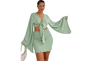 LYANER Women's 2 Piece Outfits Tie Knot Front Bell Long Sleeve Crop Top and Mini Skirt Set