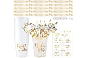 MOVINPE Bachelorette Party Accessories, Hen Party Cups Straws 16 Set, 1 Bride Hair Ties 15 Bride Tribe Hair Ties, Tattoos Bride Tribe, Bride to Be Decorations Bridal Shower Party Supplies (Golden)