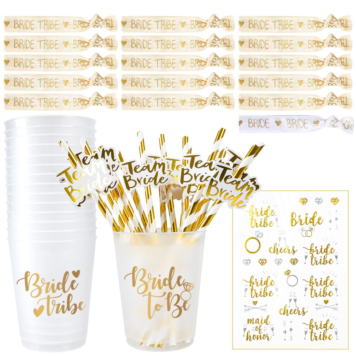 iZoeL Hen Party Cups Set – 16 Bride to Be Cups and Straws Team Bride Bracelet Tattoos – Hen Party Accessories Party Favours Biodegradable Party Bag fillers