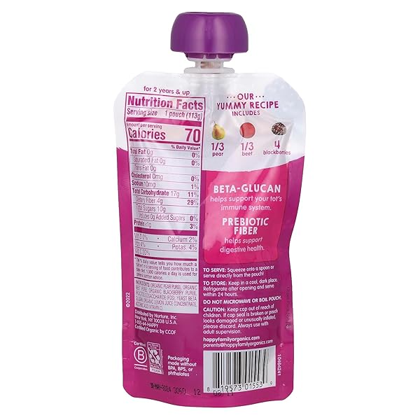HAPPY TOT ORGANIC PEAR BEETS BLACKBERRIES IMMUNITY BABY FOOD, 4 OZ