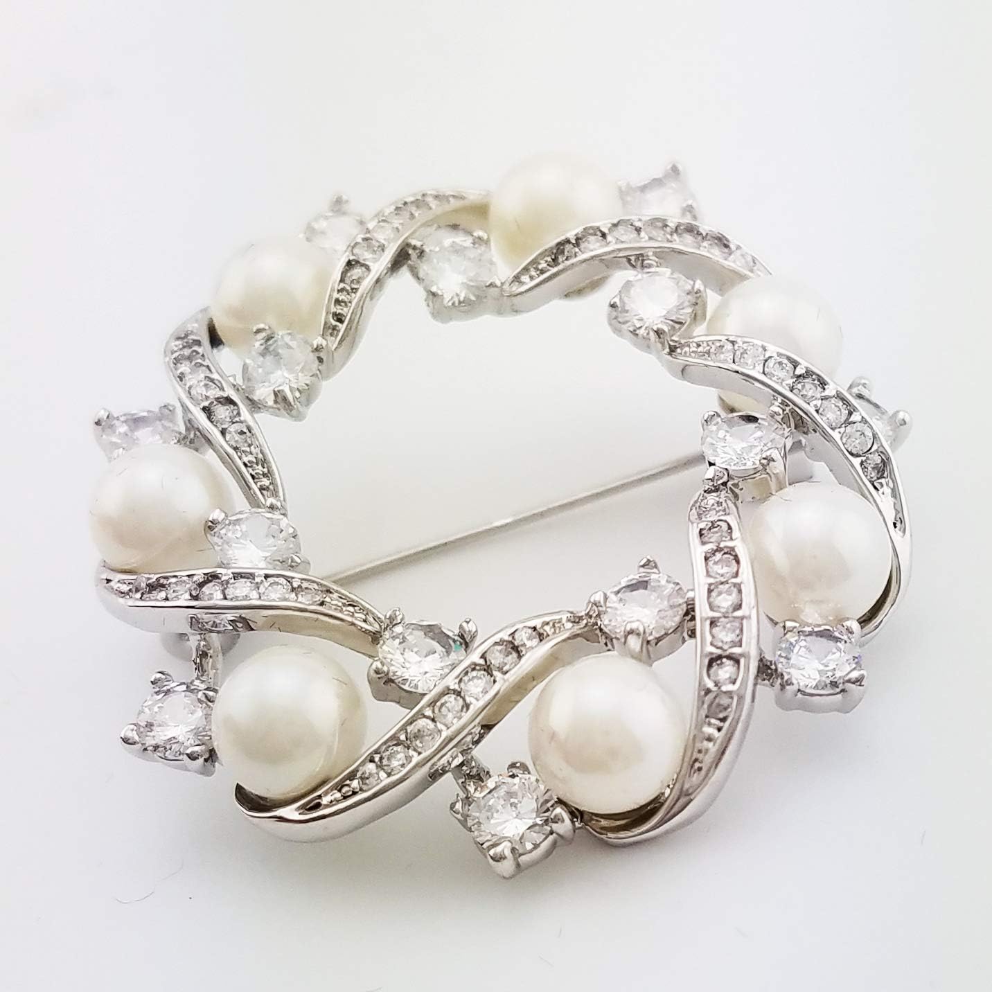 HAISWET Wedding Sparkle Brooch Pin Elegant Cubic Zirconia Simulated Pearl Wreath Broach, White - Image 5