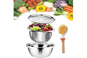 German Quality 3-in-1 Stainless Steel Grater Bowl, Vegetable Slicer Grater & Strainer Drain Basket, Multipurpose Mixing Bowl 