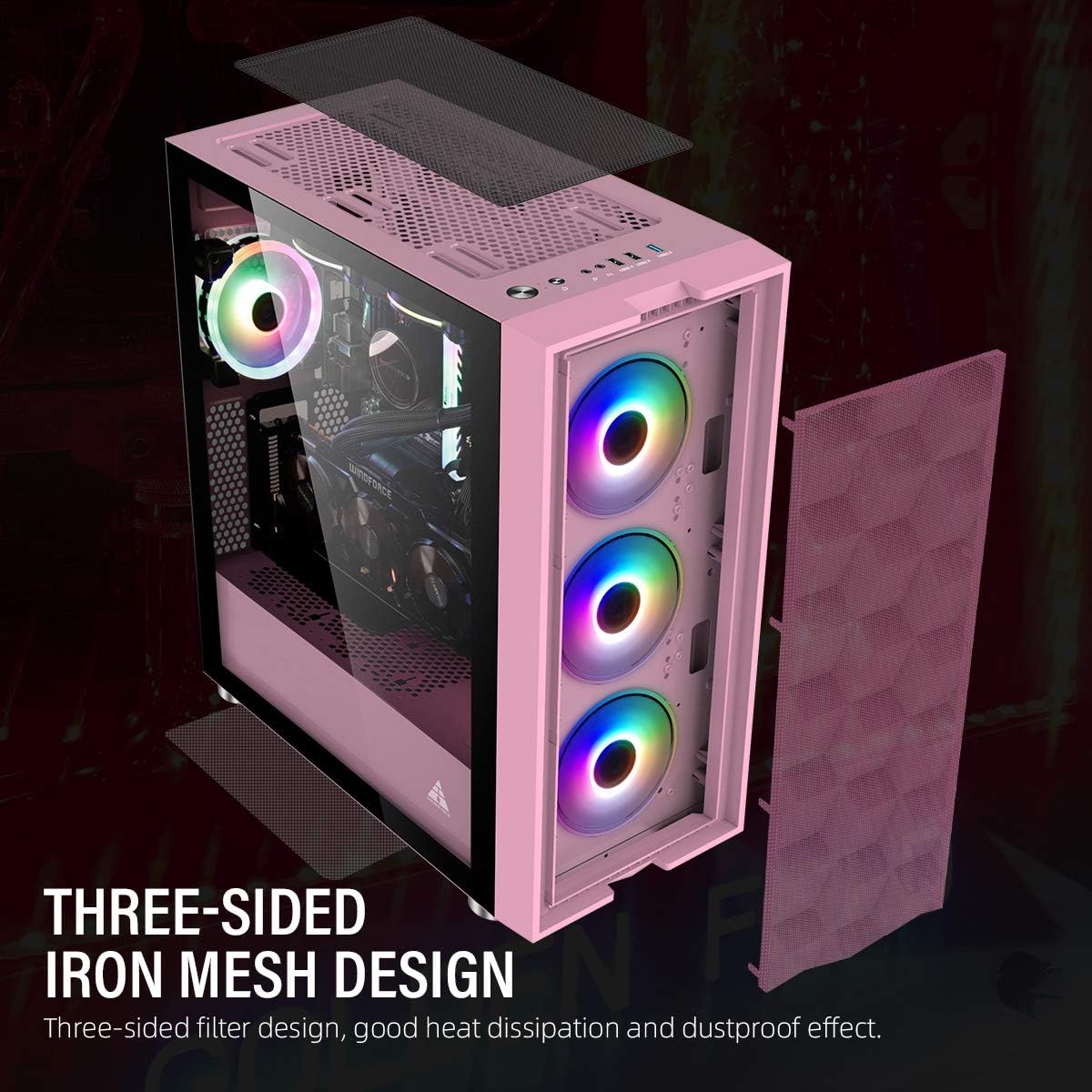 Amazon Golden Field Mage ミドルタワー型pcケース 強化ガラス Matx Atx Itx対応3カラフル Led ファン ピンク色 Golden Field 家電 カメラ