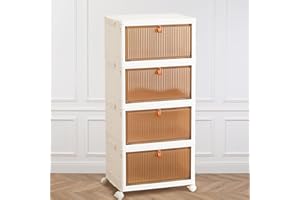 Aidoly 4-Tier Stackable Plastic Storage Bins with Lids, 23QT Foldable with Magnetic Doors and Lockable Wheels, Portable Collapsible Closet Organizer Boxes for Living Room, Bedroom, Dorm, Home Office