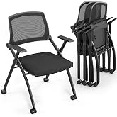 VINGLI 4 Pack Stackable Conference Room Chairs with Wheels, Folding Office Chair with Rebound Back, Padded Seat for Training Room, Guest, Reception, Event, Capacity 350lbs, Black