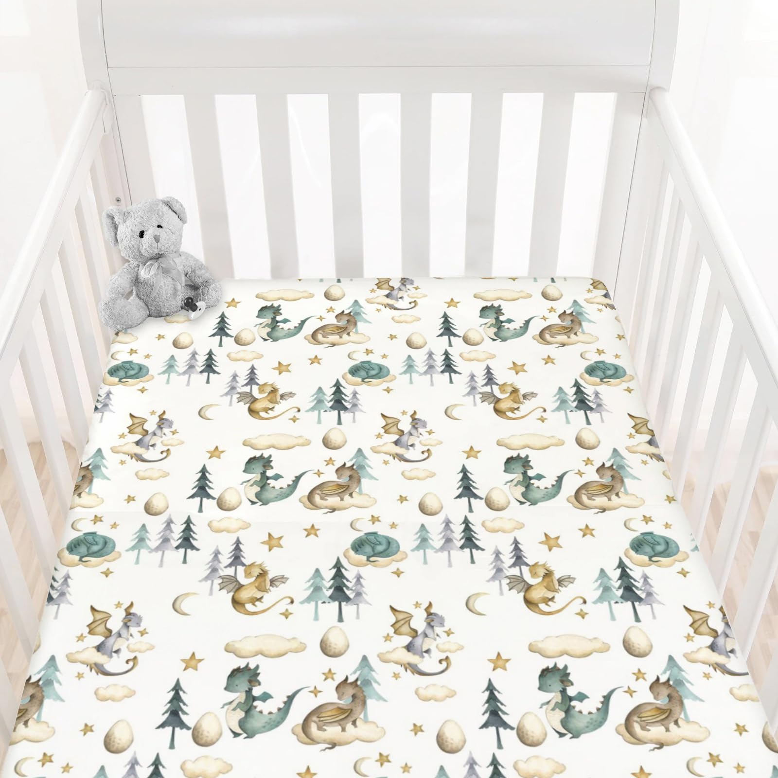 Photo 1 of HawSkgFub Watercolor Cute Dragon Fairy Tale Fitted Standard Crib Sheet Baby Boy, Cloud Moon Star Dragons Egg Toddler Mattress Cover, Soft Breathable Stretchy Nursery Bed Sheets Decor Gift 52" x 28"