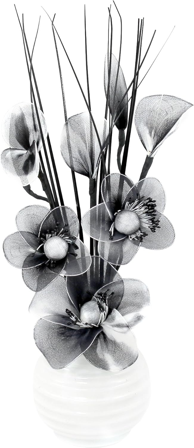 White Vase with Black and White Artificial Flowers, Home Accessories