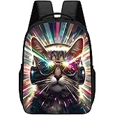 KOYI Cat Backpack Cute DJ Cat with Sunglasses Backpack Cat Love Music Backpack Laser Cat Colorful Sparkle Light Backpack, 16 Inch Kids Backpacks for Kindergarten, Elementary School Boys and Girls