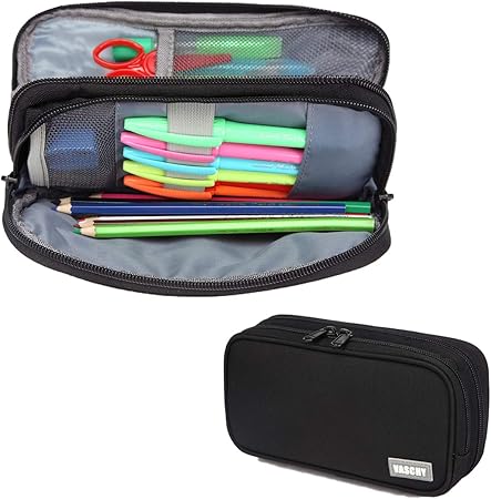 Amazon Vaschy ペンケース 大容量 おしゃれ 高校生 中学生 大人 筆 小物入れ 筆箱 ペンポーチ 内ポケット ブラック ペンケース 文房具 オフィス用品