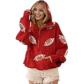Joiemont Womens Football Sequin Rugby Patches Half Zip Up Fleece Hoodie Casual Pullover Long Sleeve Zipper Sweatshirt