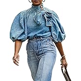 Women's Bow Design Denim Pullover Top Button Up High Neck Fashionable Jacket with Elastic and Puff Sleeves
