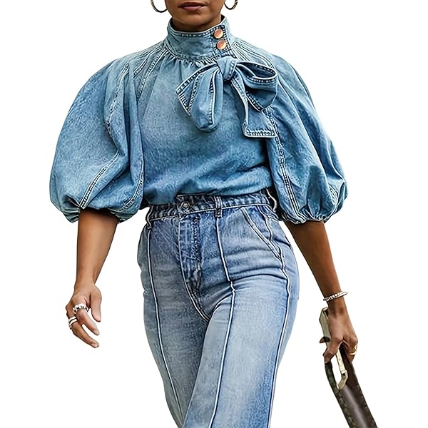 JUMPICK Womens Denim Shirt Button Down Mock Neck Jean Blouse Puff