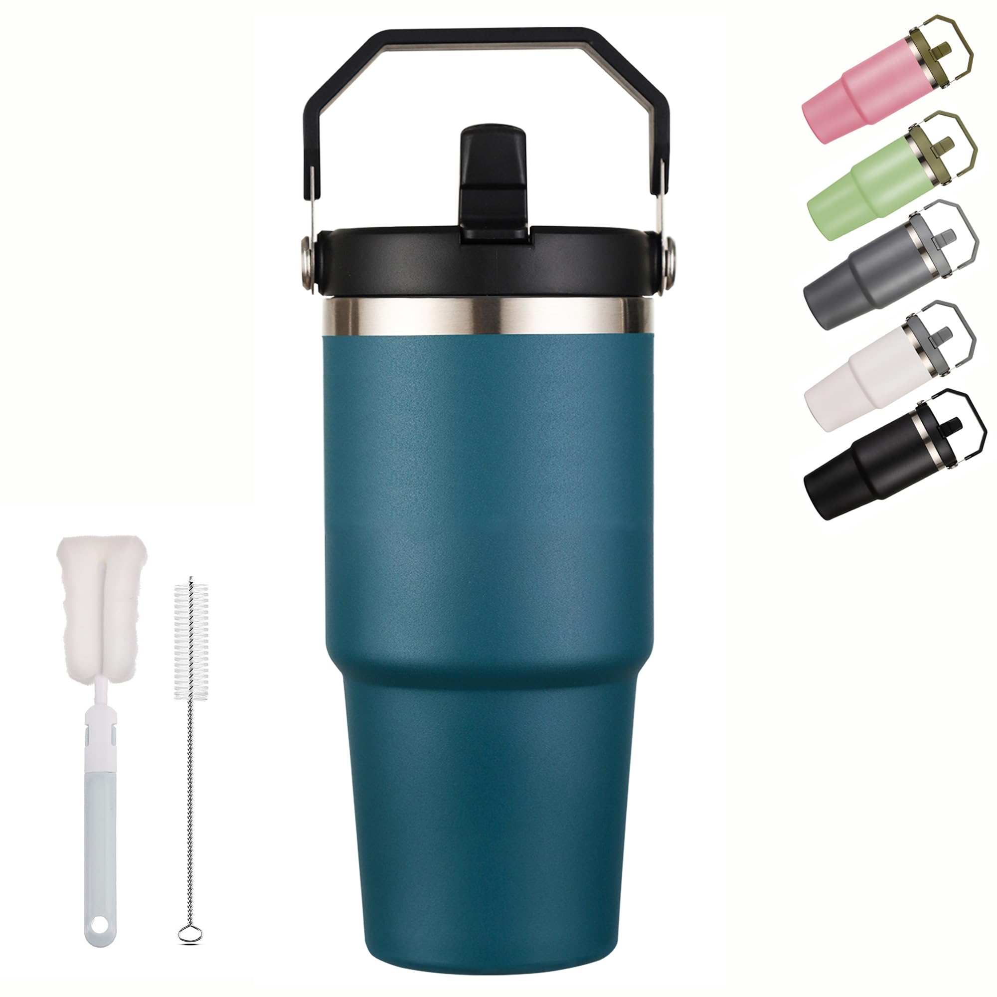 XIXIAMI Travel Mug with Handle 600ml-20oz Insulated Tumbler with Straw & Lid Leakproof Coffee Mug for Hot or Iced Drink |Stainless Steel Thermal Cup-Turquoise Blue
