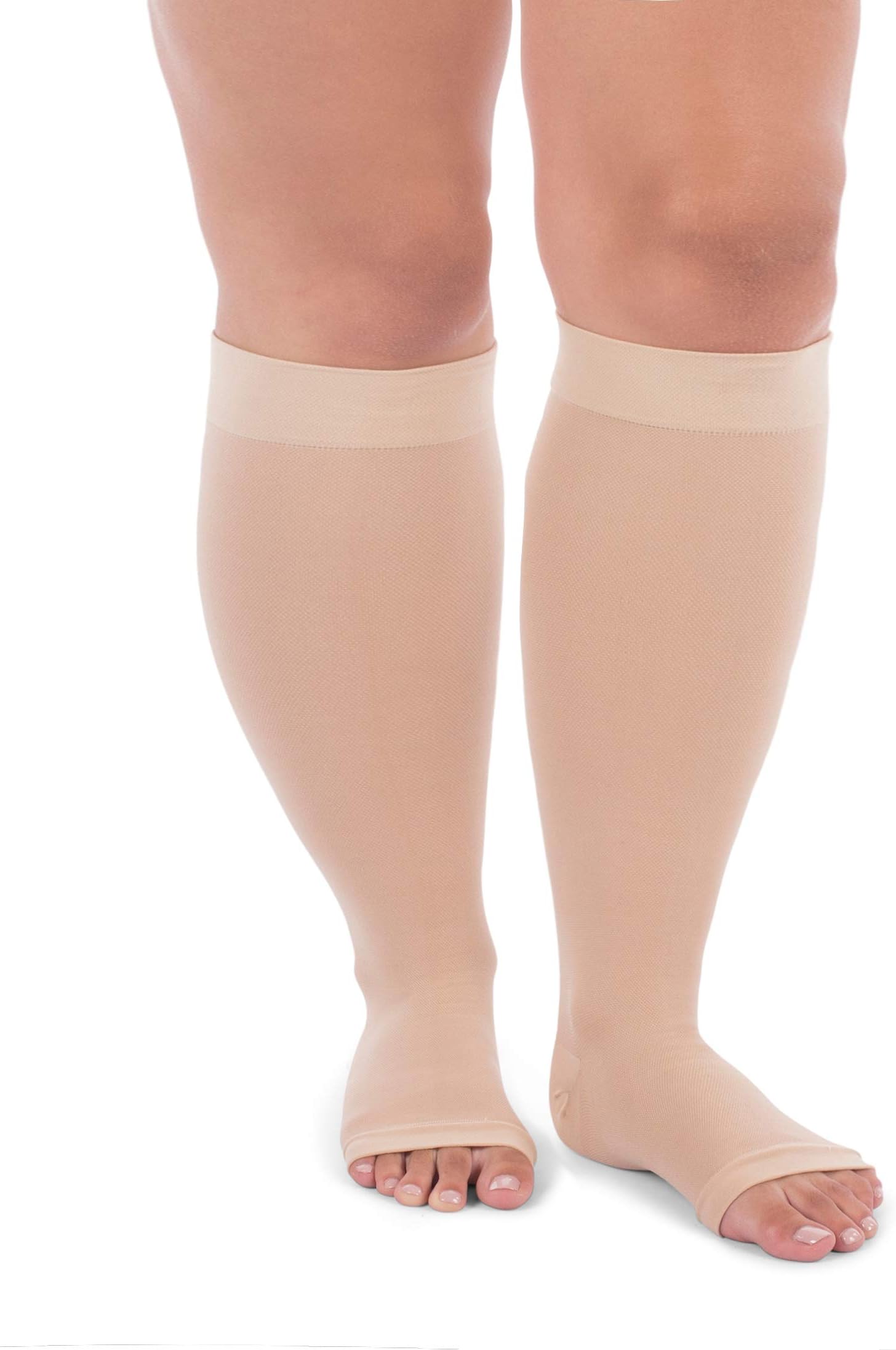 Jomi Compression Knee High Stockings Collection, 20-30mmHg Surgical Weight Open Toe, Full Wide Calf 221 (Large, Beige)