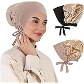 XEPST 2 PCS Hijab Undercap for Women, Satin Undercap for Hijab Islamic Muslim Under Hijabcap Modal Head Wraps Tie Back Bonnet Inner Head Scarf Turbans for Women Chemo Hat Sleep Cap, Black+Khaki