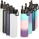 Volhoply Insulated Water Bottles with Straw Bulk 8 Pack,22 oz Stainless Steel Sports Bottle with Handle,Double Walled Vacuum Water Cups with Wide Mouth,Reusable Cold Water Flask(Eight Color,8 Set)